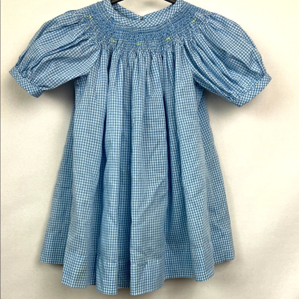 Handmade blue and white smocked embroidered bishop puff sleeve dress size 18-24